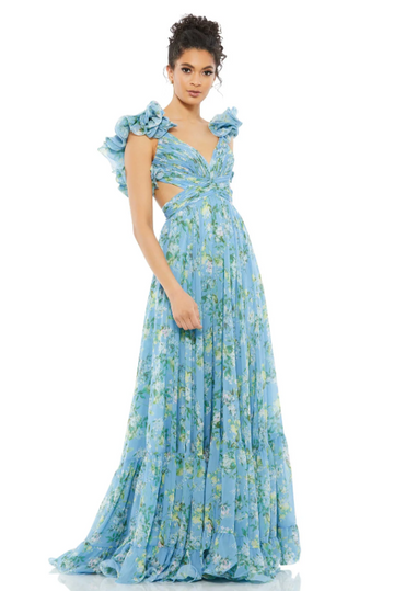 Floreale V-Neck Ritaglia Schiena nuda Orlo a volant Maxi Abito blu
