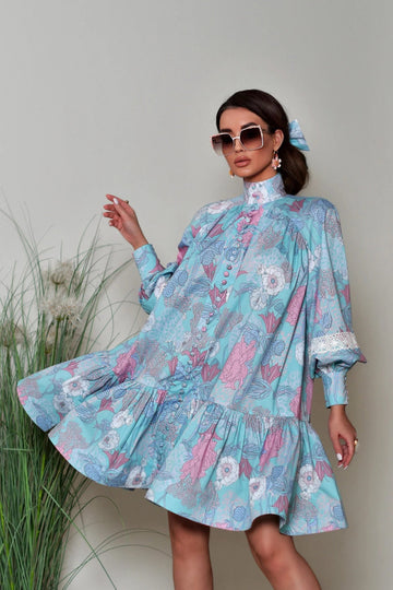 Floreale Puff Sleeve Collo Alto Taperossa Vita Grande Orlo Mini Abito
