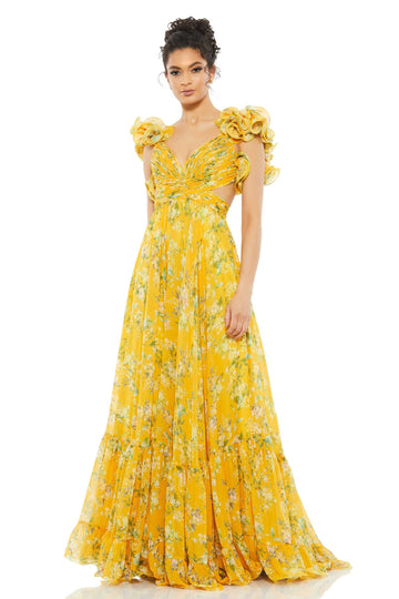 Floreale V-Neck Ritaglia Schiena nuda Orlo a volant Maxi Abito gialla