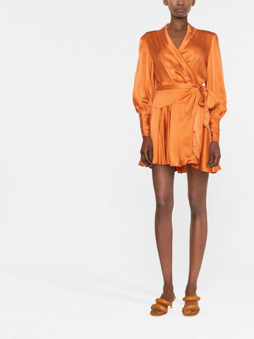 Satin Lamb's Leg Sleeve Suit Wrapover V Colletto Plissettato Mini Abito