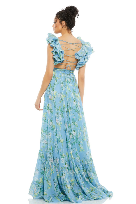 Floreale V-Neck Ritaglia Schiena nuda Orlo a volant Maxi Abito blu