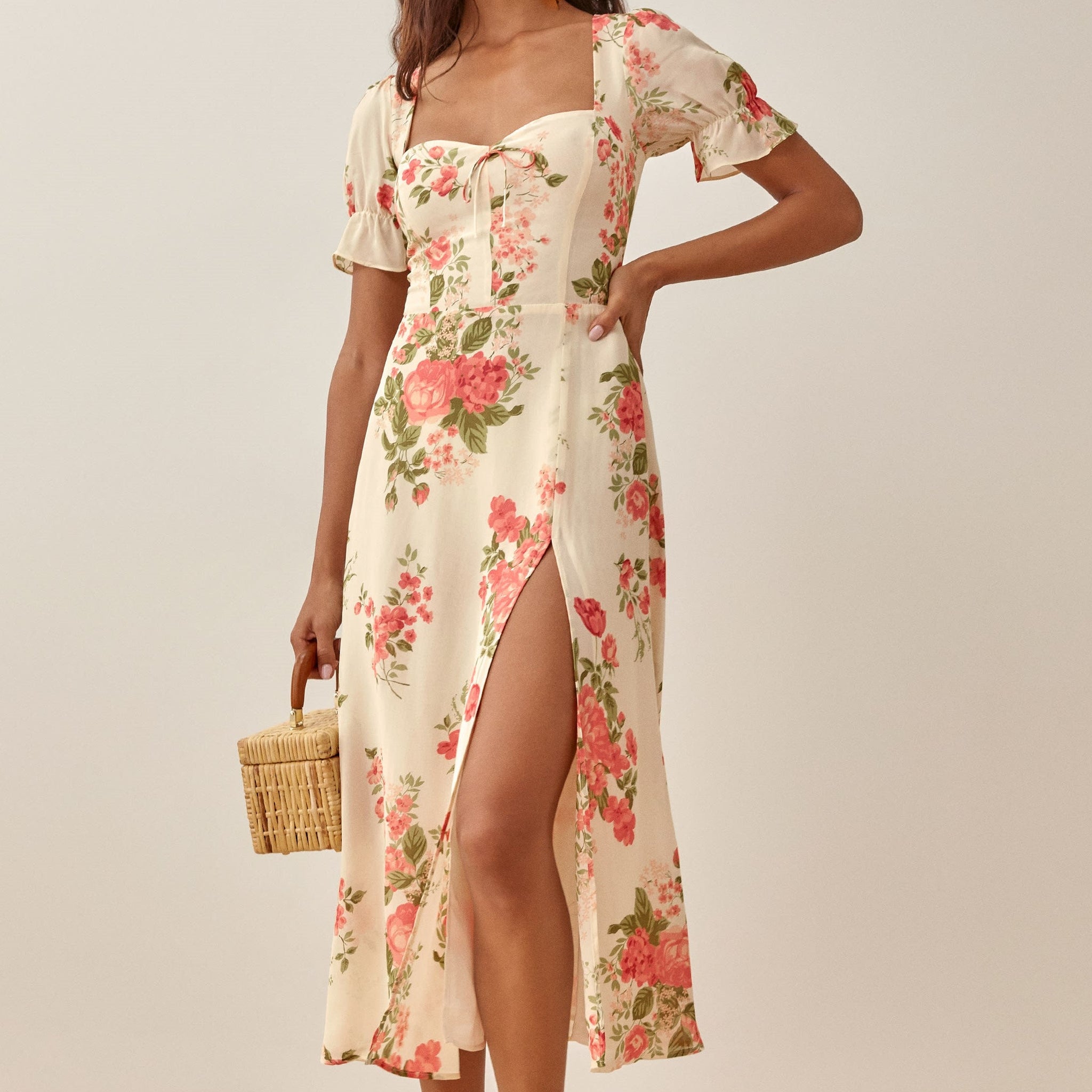 Floreale Soffio Collo quadrato Collar Feritoia Midi Abito