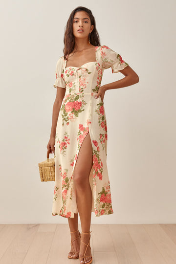 Floreale Soffio Collo quadrato Collar Feritoia Midi Abito