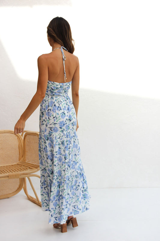 Floreale Scollo a V Schiena nuda Maxi Abito blu