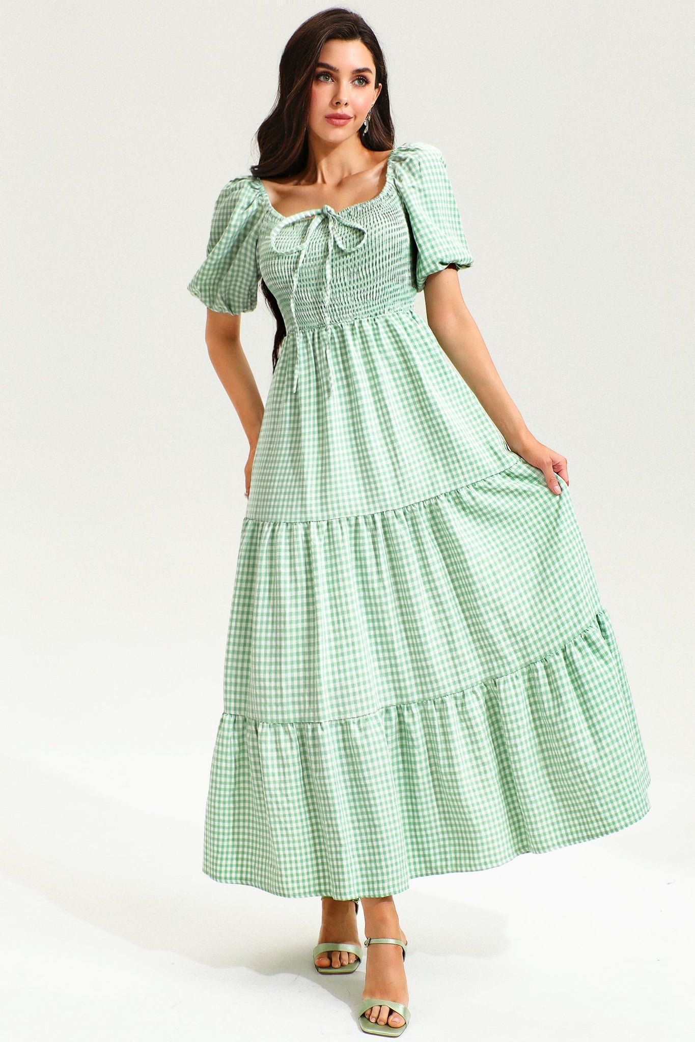 Lattice Maniche Colletto quadrato Orlo largo elastico con smock Midi Abito