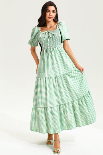 Lattice Maniche Colletto quadrato Orlo largo elastico con smock Midi Abito