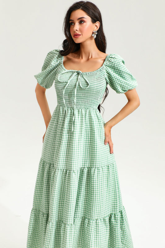 Lattice Maniche Colletto quadrato Orlo largo elastico con smock Midi Abito