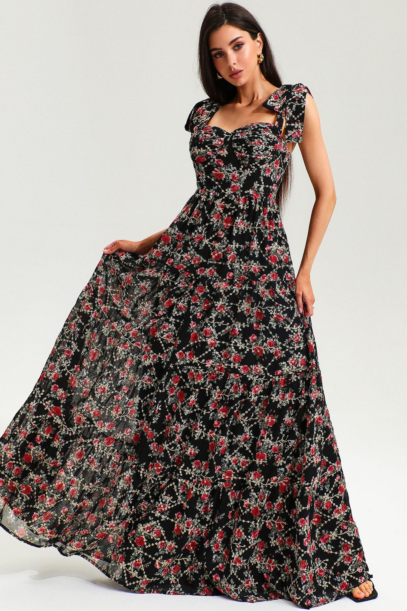 Floreale Corsetto Schiena nuda Allacciate Orlo grande Cami Maxi Abito Nero