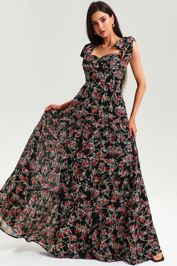 Floreale Corsetto Schiena nuda Allacciate Orlo grande Cami Maxi Abito Nero