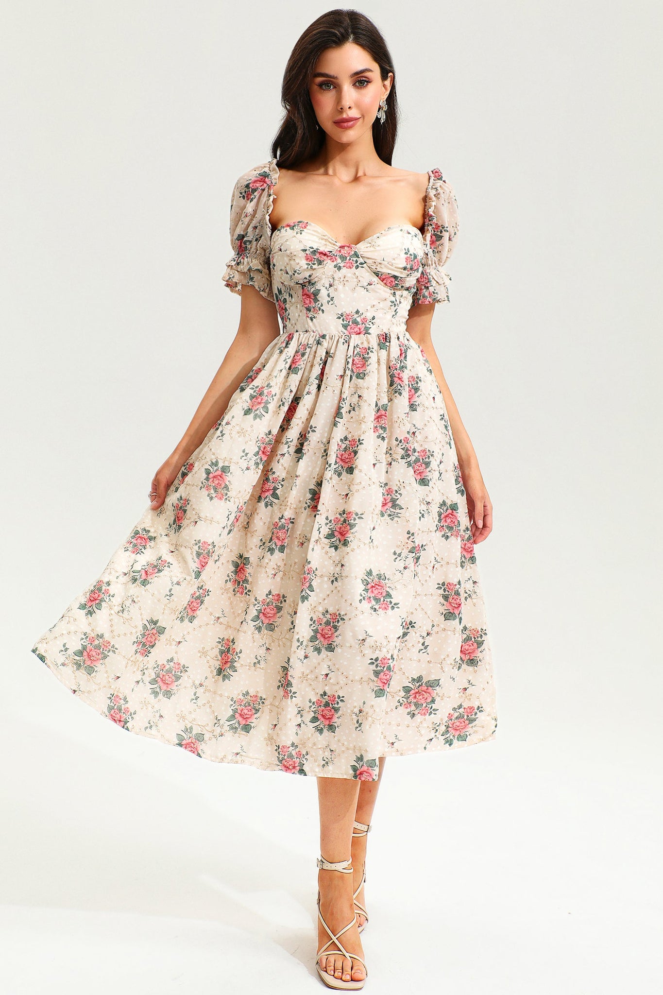 Floreale Manica a sbuffo Corsetto Schiena nuda Allacciate Feritoia Midi Abito Beige