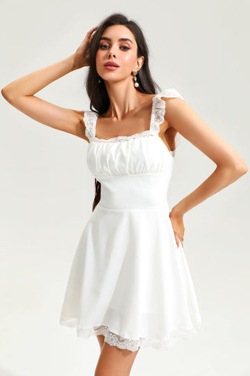 Pizzo Orlo Colletto quadrato Corsetto Plissettato Mini Dress bianco