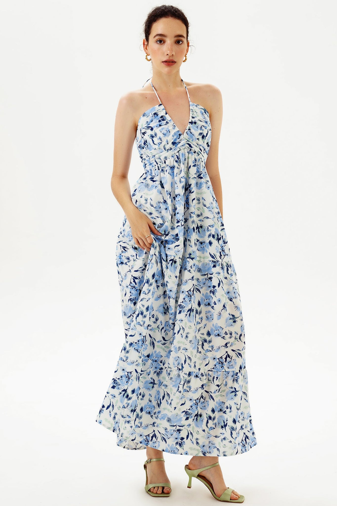 Floreale Scollo a V Schiena nuda Maxi Abito Blu