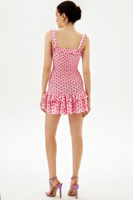 Floreale Peplum elastico smockato Orlo a volant Cami Mini Abito