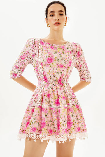 Floreale Puff Sleeve Pizzo Trim Balza Mini Abito