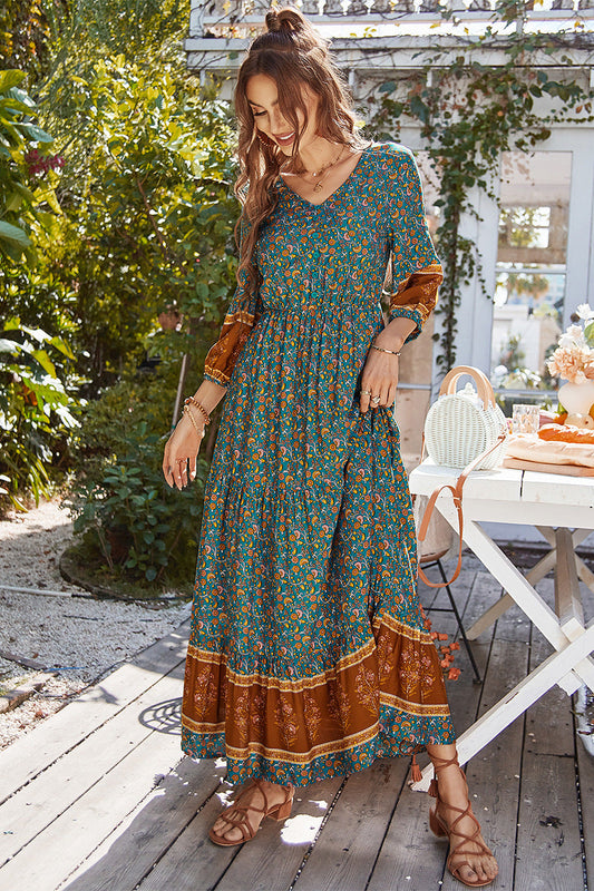 Boho stampa Manicotto a sbuffo sciolto Maxi abito