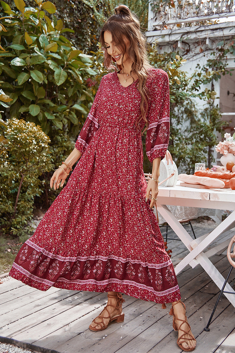 Boho stampa Manicotto a sbuffo sciolto Maxi abito rossa