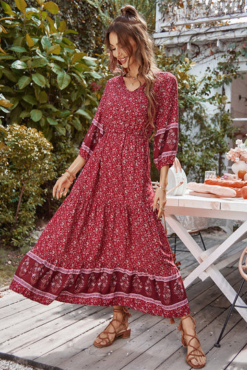 Boho stampa Manicotto a sbuffo sciolto Maxi abito rossa