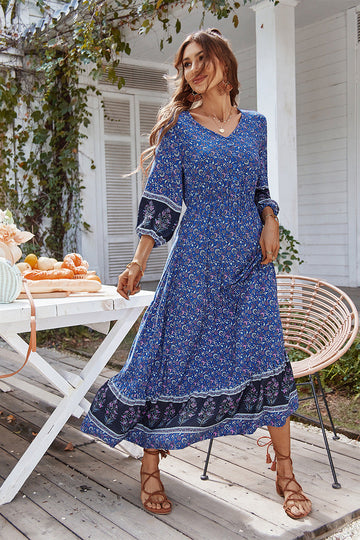Boho stampa Manicotto a sbuffo sciolto Maxi abito blu