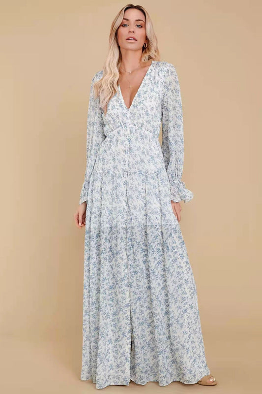 Floreale Puff Manica Lunga Scollo a V Abbottonato Increspatura Orlo Maxi Abito bianco