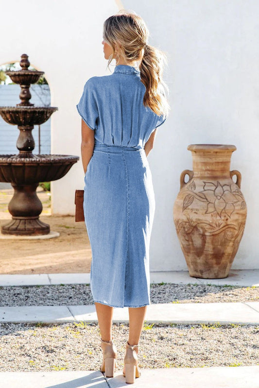 Denim Abbottonato Allacciate Midi Abito