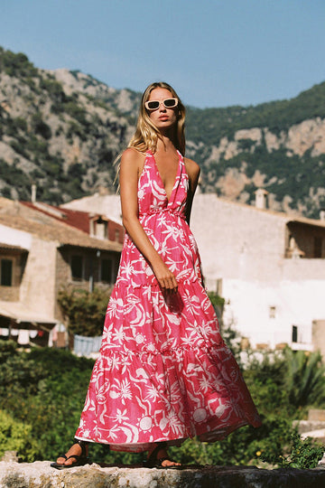 Floreale Cami Collo alterino Allacciate Schiena nuda Maxi Abito