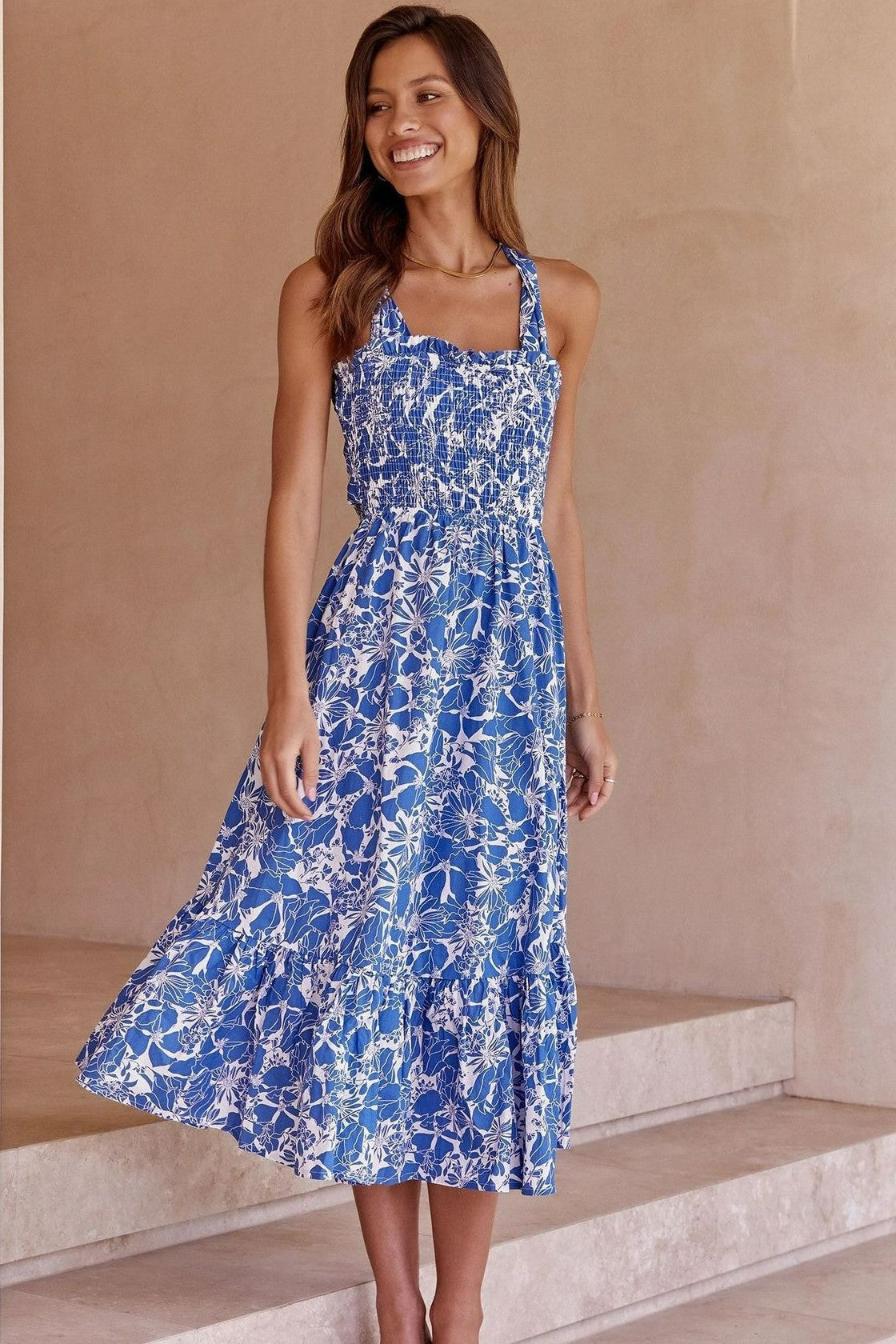 Floreale Cami Allacciate Balza Mid Abito blu