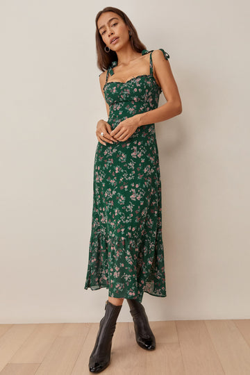 Floreale Cami Allacciate Increspato Schiena nuda Midi Abito