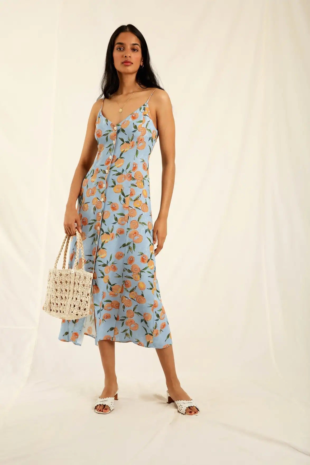Floreale Cami Scollo a V Abbottonato Midi Abito