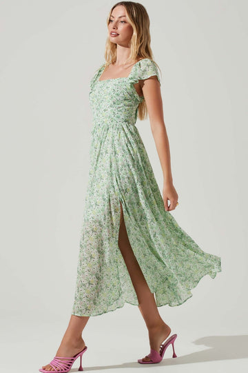 Floreale Manica flutter Plissettato Feritoia Midi Abito