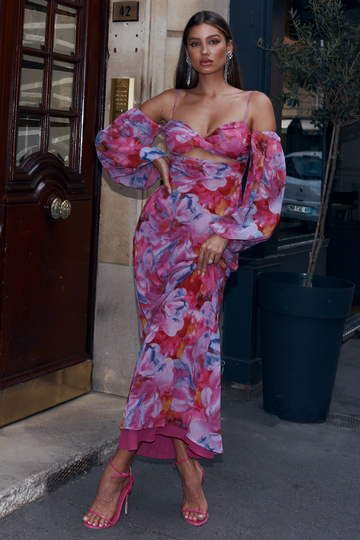 Floreale Spalla fuori spalla Fiocco Cami Maxi Abito Rosa