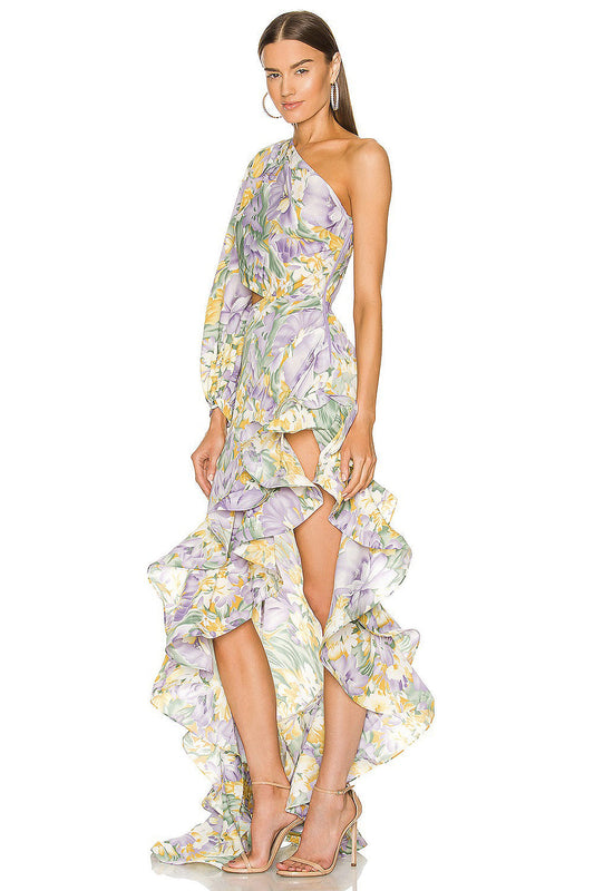 Floreale Inclinate Spalla Long Sleeve Balza Irregolare Maxi Abito porpora