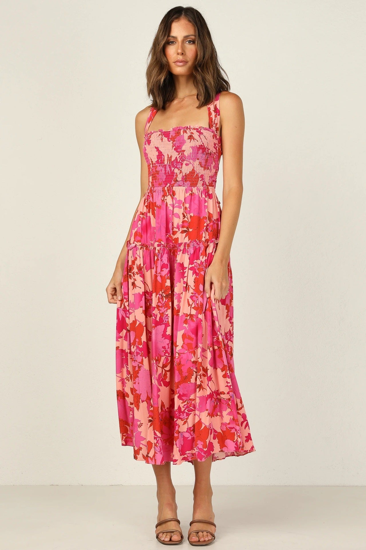 Floreale Elastico Cami Midi Abito rossa