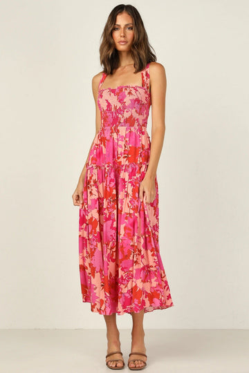 Floreale Elastico Cami Midi Abito rossa