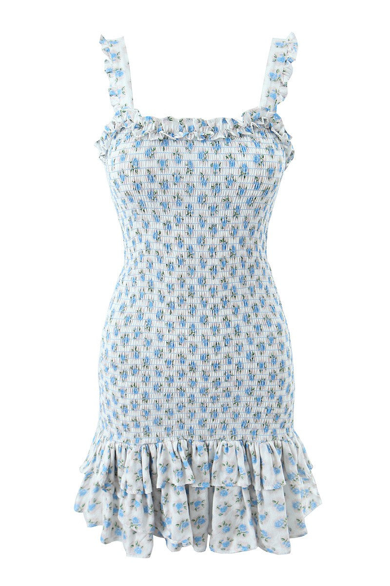 Floreale Peplum elastico Orlo a volant Cami Mini Abito blu