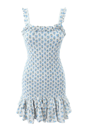 Floreale Peplum elastico Orlo a volant Cami Mini Abito blu