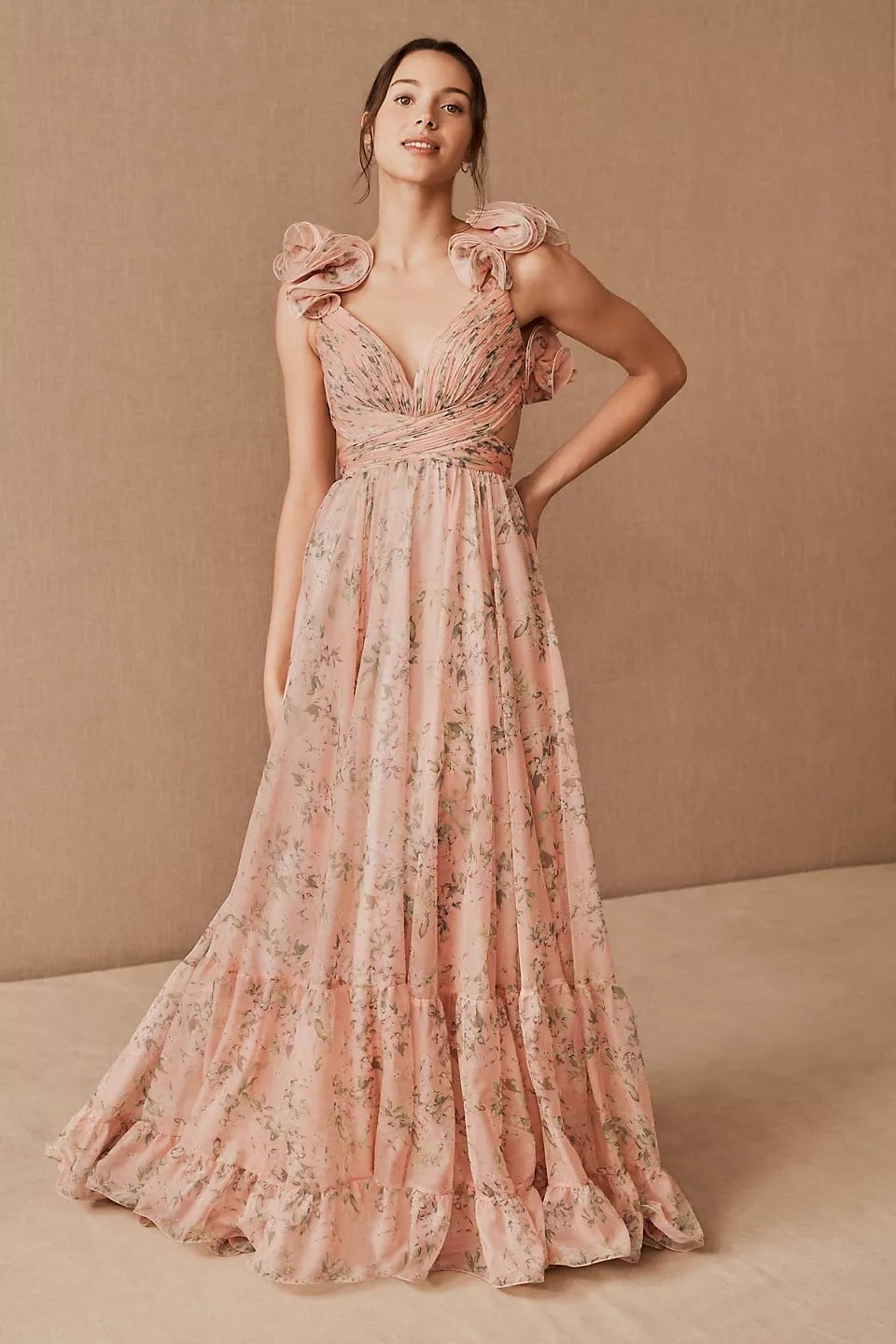Floreale V-Neck Ritaglia Schiena nuda Orlo a volant Maxi Abito