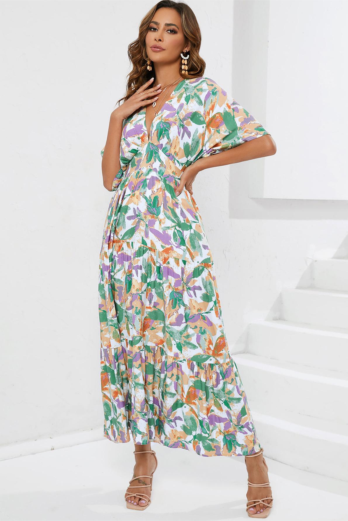 Floreale Scollo a V  Maniche Maxi Abito