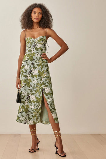 Floreale Cami Feritoia Increspato Schiena nuda Midi Abito