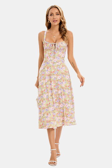 Floreale Corsetto Allacciate Cami Feritoia Midi Abito