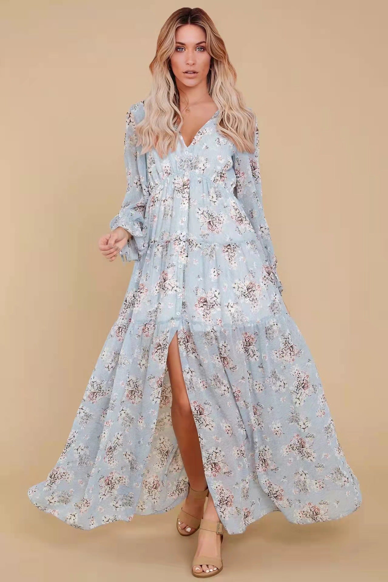 Floreale Puff manica lunga Scollo a V Abbottonato Orlo a volant Maxi Abito blu