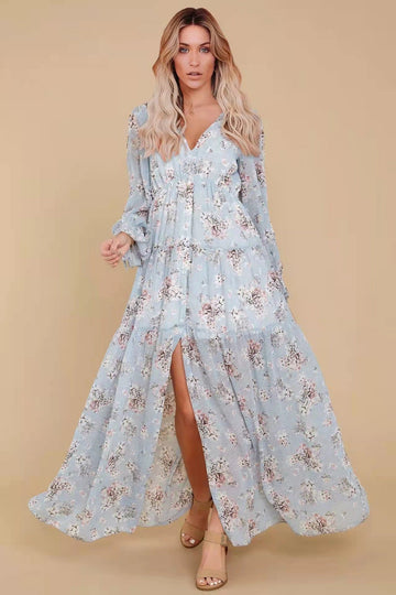 Floreale Puff manica lunga Scollo a V Abbottonato Orlo a volant Maxi Abito blu