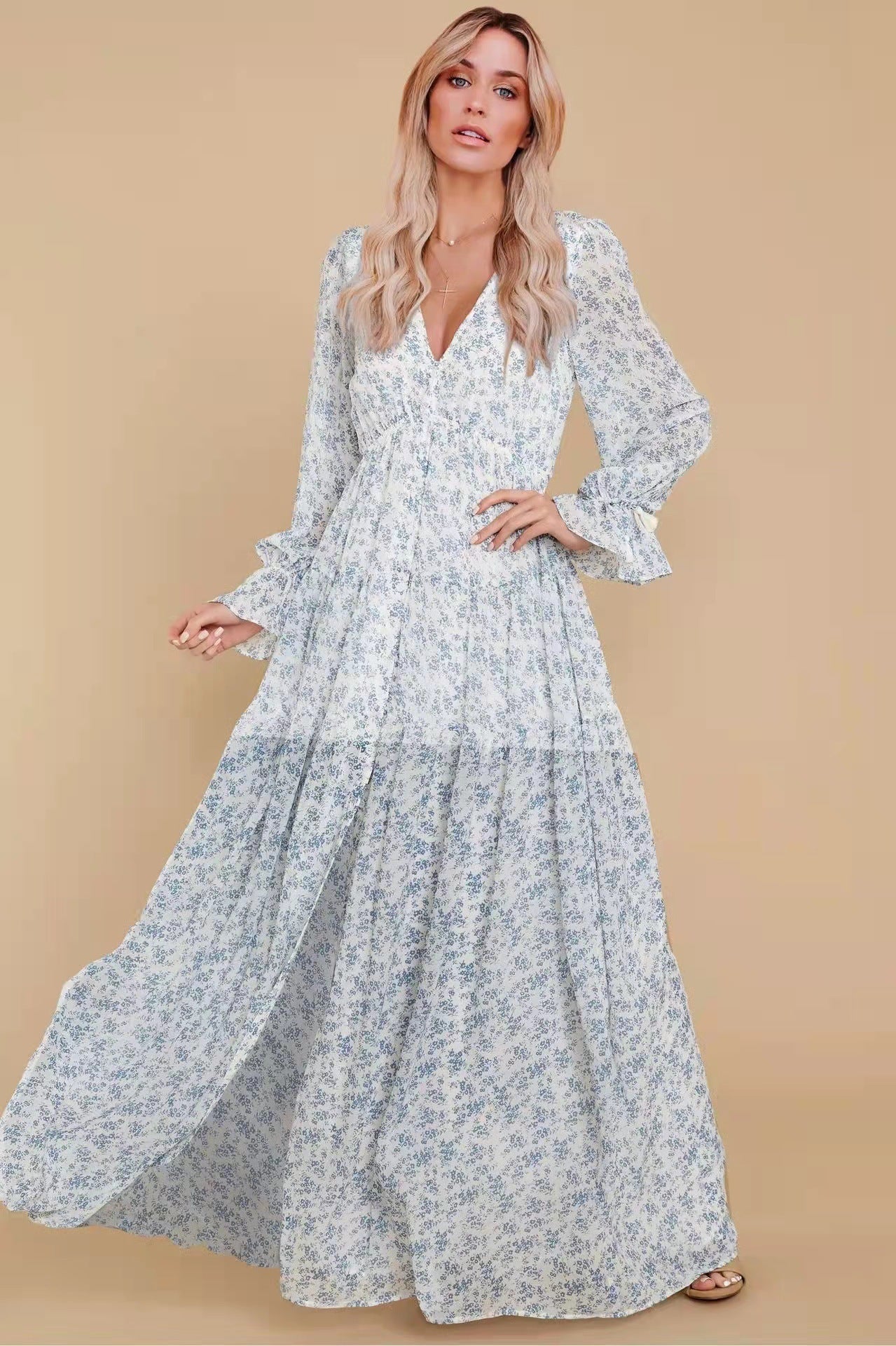 Floreale Puff Manica Lunga Scollo a V Abbottonato Increspatura Orlo Maxi Abito bianco