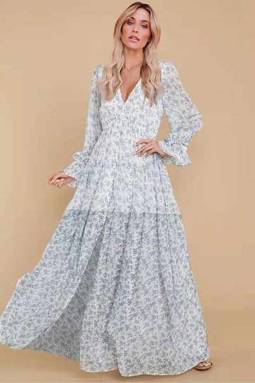 Floreale Puff Manica Lunga Scollo a V Abbottonato Increspatura Orlo Maxi Abito bianco