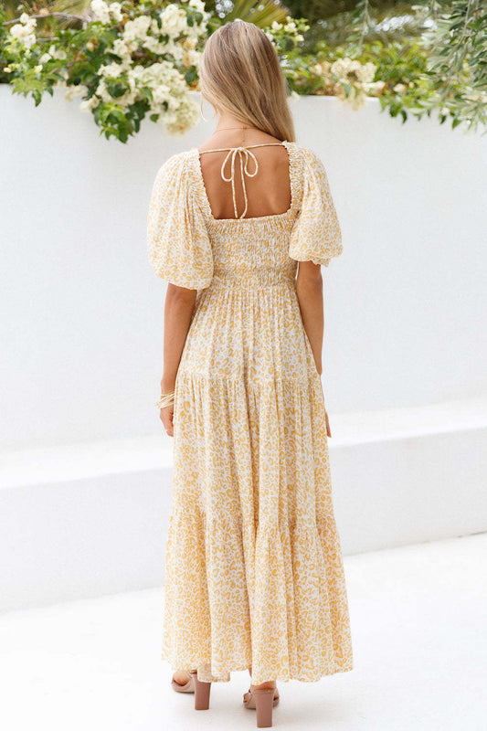 Floreale Soffio Collo quadrato Colletto Smocked Elastica Grande Hemline Maxi Abito