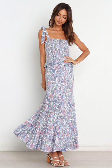 Floreale smocked elastico pizzo su spalla Cami Midi vestito