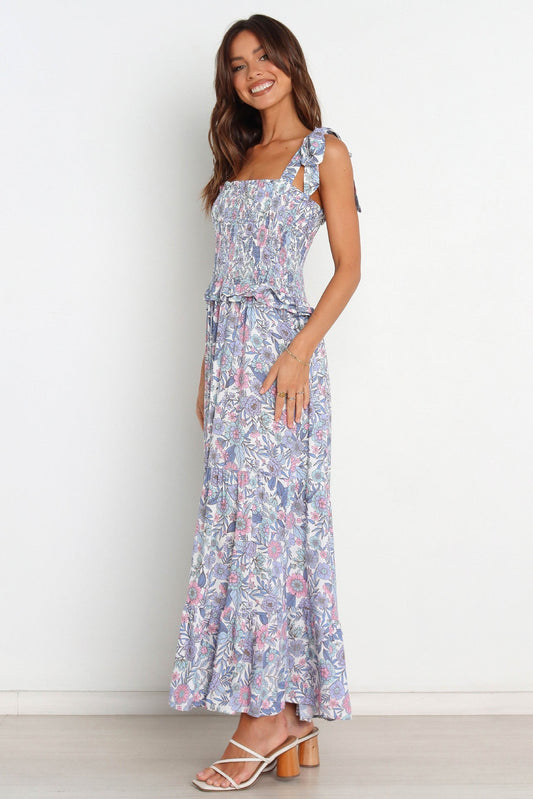 Floreale smocked elastico pizzo su spalla Cami Midi vestito