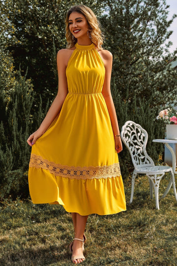 Mid-alto Colletto Senza maniche Allacciate Tagliare Midi Abito Giallo