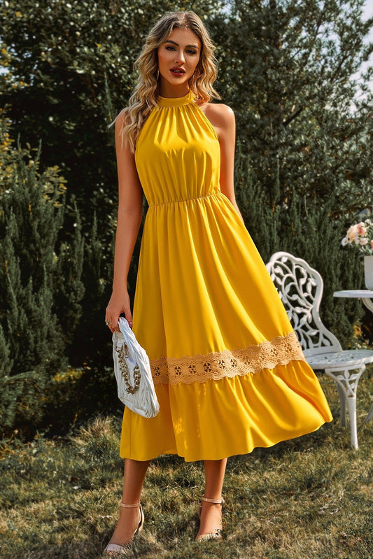 Mid-alto Colletto Senza maniche Allacciate Tagliare Midi Abito Giallo