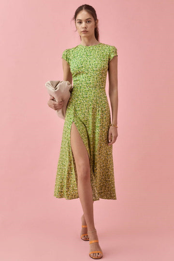 Schiena nuda Ritaglia Feritoia Stampa Midi Abito Verde
