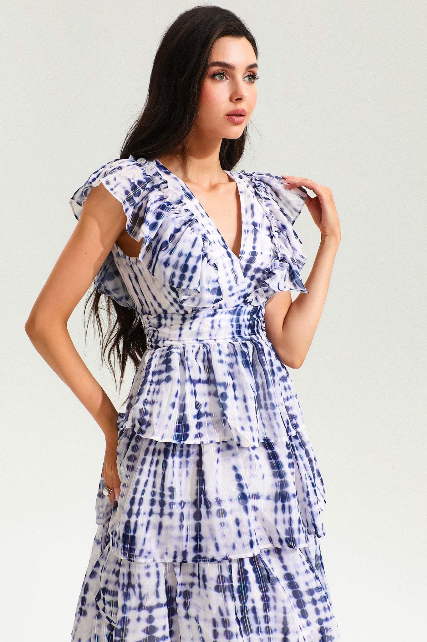 Stampa Scollo a V Manica flutter Schiena nuda Allacciate A Zigzag dress